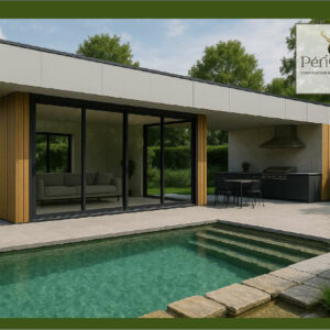 Poolhouse cuisine extérieure PÉRICHARPENTE, Gwenaël Périchart, artisan charpentier depuis 25 ans dans la construction bois et la charpente