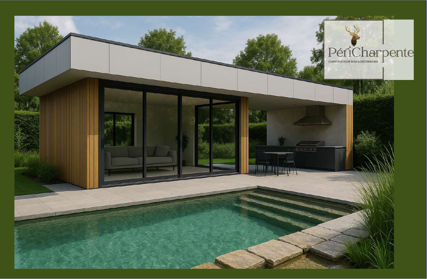 Poolhouse cuisine extérieure PÉRICHARPENTE, Gwenaël Périchart, artisan charpentier depuis 25 ans dans la construction bois et la charpente